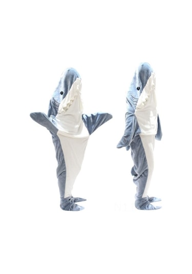 Wezone Mavi Büyük Beden Xl/190 90 Yumuşak Flanel Kapüşonlu Uyku Tulumu - Evde Giyilebilir Geniş Kumaş Shark Pijama Mavi