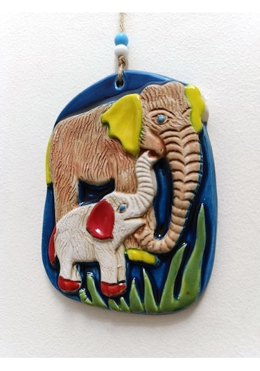Seramik Fil Ailesi Dekoratif El İşi Duvar Süsü