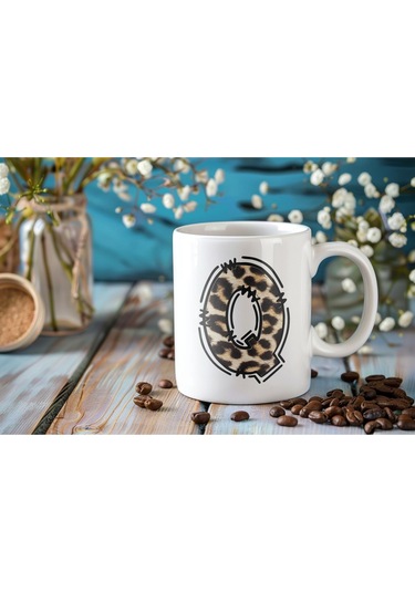 Q Baş Harf Leopar Desenli Kupa Bardak - Kişiye Özel Feminen Konsept Hediye - Vahşi Hayvan Desenli Beyaz