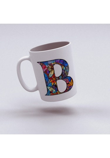 B Harfi Bardak 330 Ml İsme/harfe Özel Hediye, Renkli Harf Tasarım Beyaz