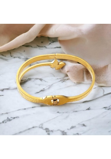 Zirkon Taşlı Kelebekli Çelik Kelepçe Bileklik - Vıp Serisi Gold Renk Lüks Takı Modası