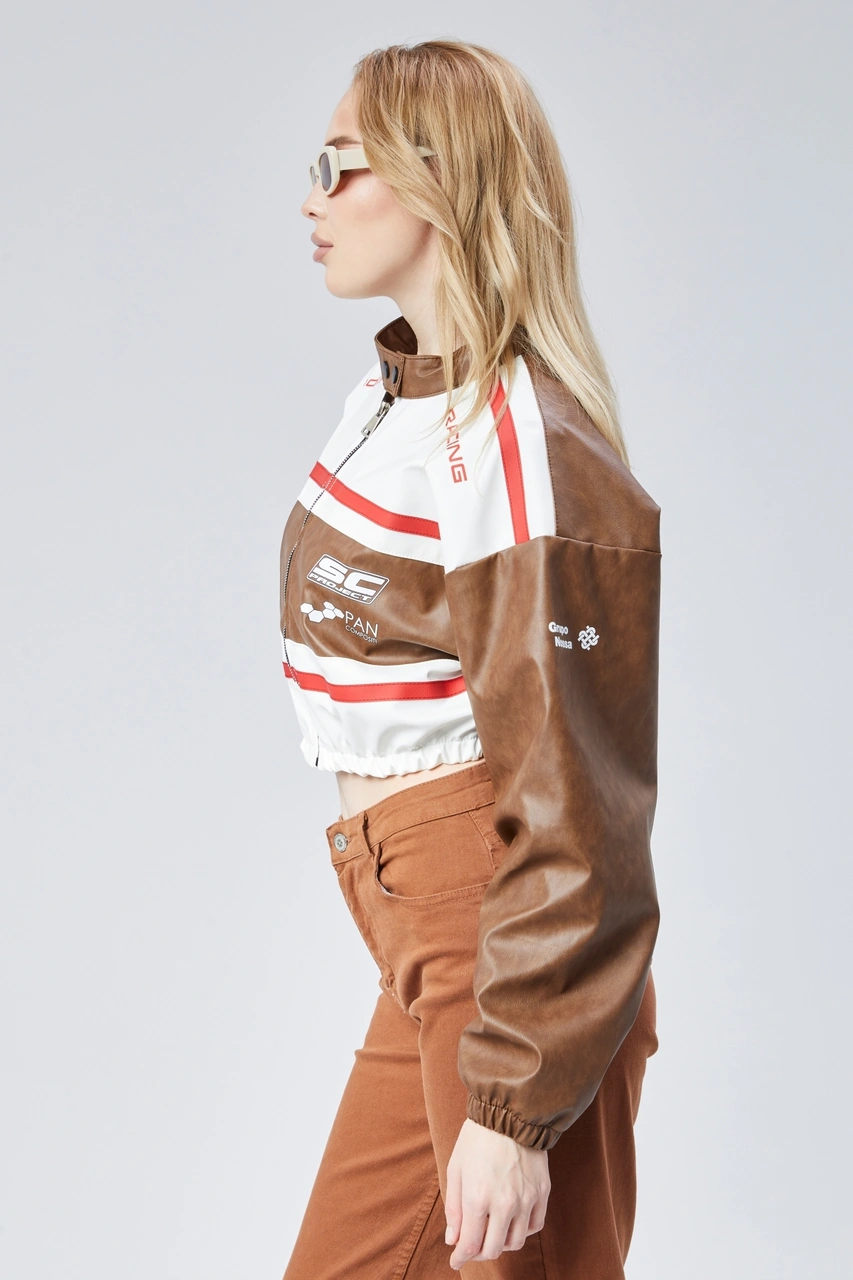 Kadın Deri Baskılı Şeritli Ceket Beli Ve Kolu Lastikli Kolej Hakim Yaka Bomber Yarışçı Motorcu Mont Kahverengi Kadın Deri Baskılı Şeritli Ceket Beli Ve Kolu Lastikli Kolej Hakim Yaka Bomber Yarışçı Motorcu Mont Kahverengi