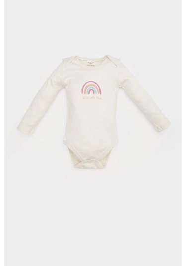 DeFacto Kız Bebek Yenidoğan Bisiklet Yaka Gökkuşağı Baskılı Uzun Kollu Çıtçıtlı Body E6319A525SPER233 Ekru