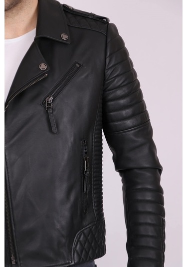 Erkek Siyah Hakiki Deri Yakalı Baklava Desenli Apoletli Spor Mont