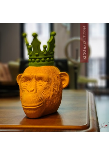 Eşsiz Yeşil Taçlı Sarı Maymun Kafası Heykeli Modern Ev Dekoru