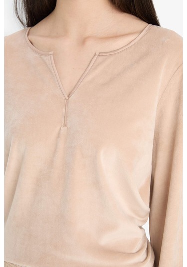 Defacto Pijama Takımı Regular Fit Uzun Kollu Velur Üst Uzun Alt-fall İn Love A3356ax25aubg400 Bej