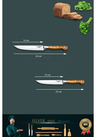 Silver Serisi Ahşap Hamur Açma Oklava Merdane Lazbisa Bıçak 8 Li