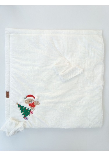 Kışlık Bebek Battaniyesi & Kundağı - Çam Ağacı & Ayıcık Işlemeli Hastane Çıkışı - Yeni Yıla Özel Ekru