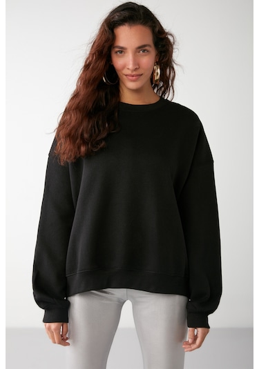 Grimelange Vaneltına İçi Polarlı 3 İplik Organik Pamuk Oversize Basic Bisiklet Yaka Kadın Sweatshirt - Siyah