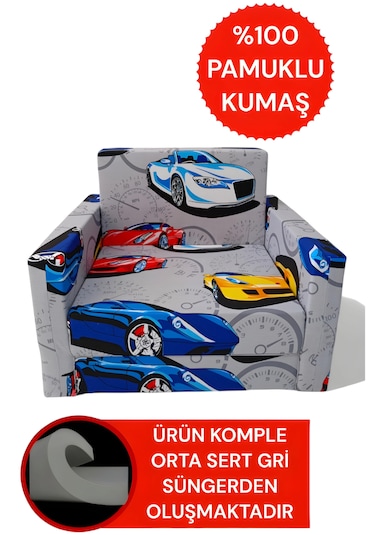 Katlanır Yer Yatağı - Çocuk Koltuğu - Bebek Yatağı 0-5 Yaş Gri Arabalı