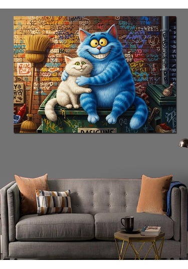 Mavi Şişman Kedi Ve Arkadaşı Dekoratif Kanvas - Mdf Ahşap Tablo