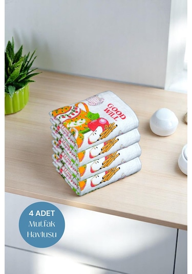 4lü Paket Baskılı Beyaz Mutfak Havlusu Modeli Good Day