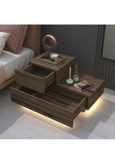 Kayra Kmd002 Led Işıklı Komodin 2 Çekmeceli Modern Tasarım Antik Ceviz