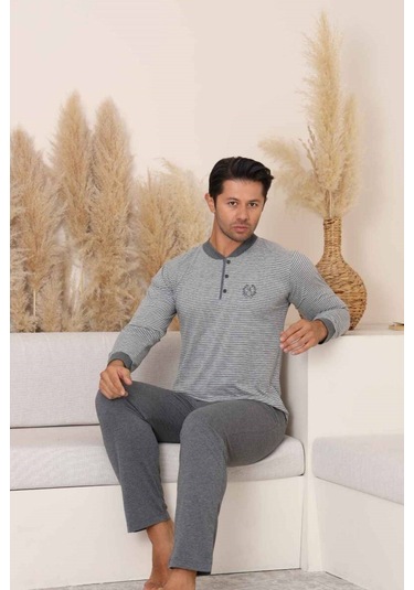 Alimer Erkek 3 Düğmeli Çizgili Desen %100 Pamuk Uzun Manşetli Kol Cepli Pijama Takımı Gri