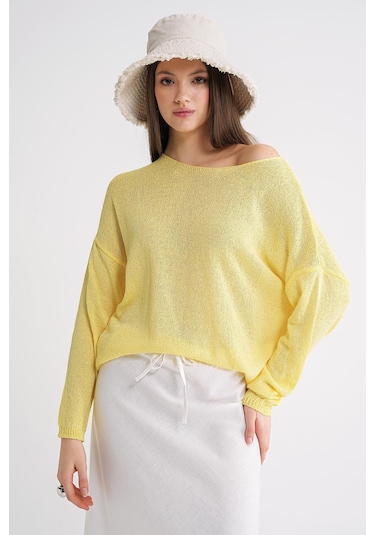 6933 Kadın Kayık Yaka İnce Mevsimlik Triko Kazak Sarı Sarı