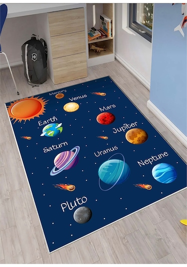 Uzay Çocuk Oyun Halısı Kaymaz Makinede Yıkanabilir Eğitici 4 Beyaz - Mavi