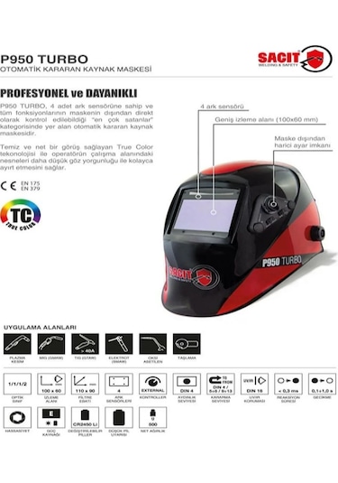 Sacit P950 Turbo Otomatik Kararan Kaynak Maskesi True Color