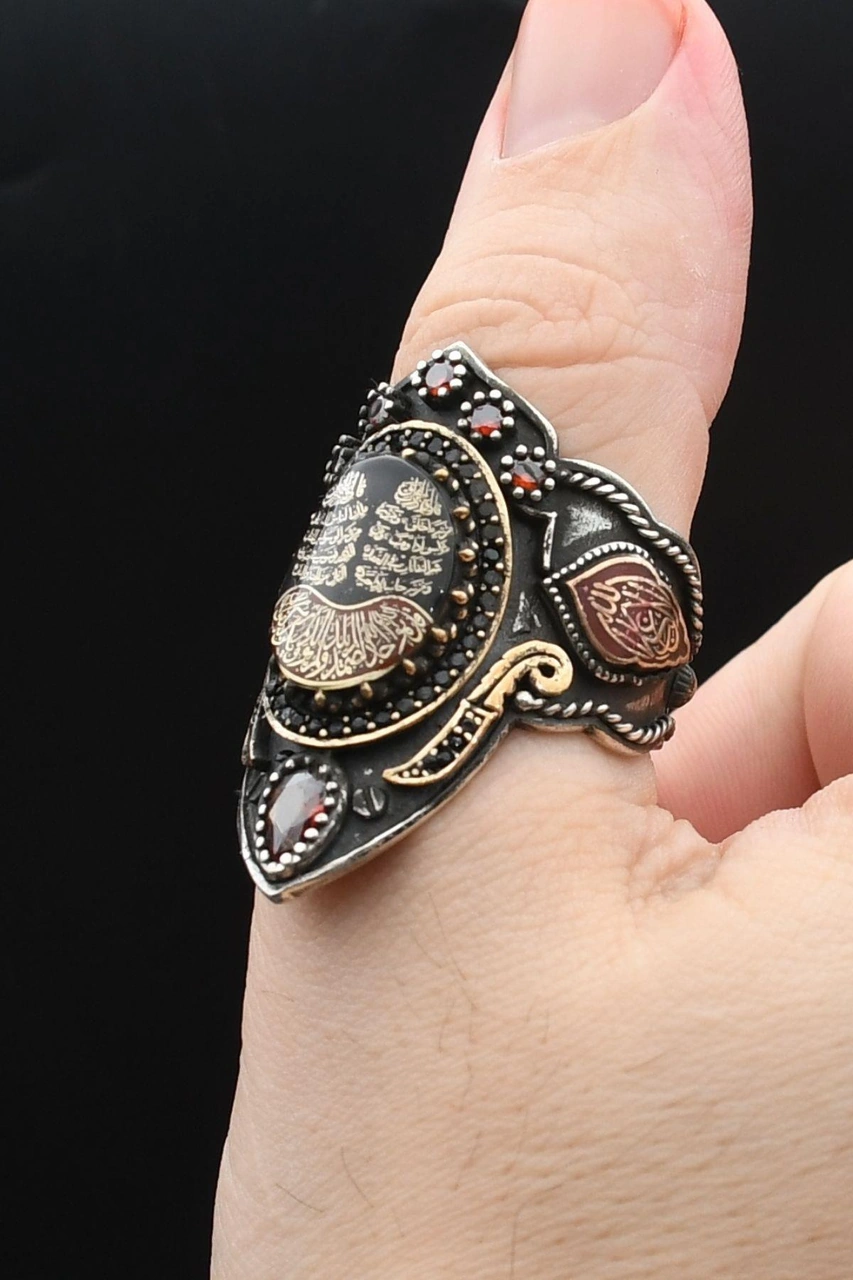 La Galibe Illallah Ve Nas Ve Felak Ve Ihlas Sureleri Yazlı Mineli Ayarlanabilir Zihgir 925 Ayar Gümüş Erkek Yüzük 902341 Gümüş