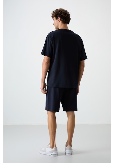 Lacivert Pamuklu Kalın Yumuşak Dokulu Oversize Fit Nakışlı Erkek Şort Takım - 85250