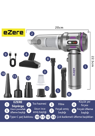 16000pa Güçlü Dijital Göstergeli Vakumlu Kablosuz Üflemeli Mini Araç Süpürgesi