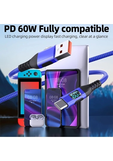 Willowhaven 1 Adet 60w Dijital Ekranlı Usb Type C Hızlı Şarj Kablosu 10ft Kırmızı