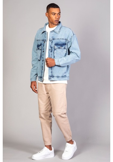 Erkek Buz Mavisi Körüklü Cep Oversize Kot Ceket Buz Mavi