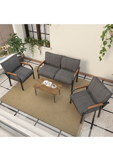 Mygusi Hayal Balkon, Bahçe, Cafe - Metal Kanepe Koltuk Takımı - 2 1 1 Sehaplı Koyu Gri