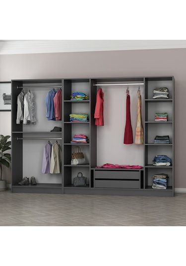 Minar Mobilya Minar Kale 6 Cam Kapaklı 2 Çekmeceli Gardırop Antrasit - Siyah