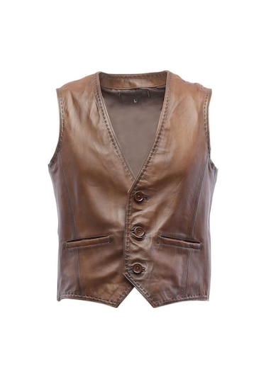 Hakiki Kuzu Derisi Kahverengi Henry Erkek Deri Yelek Kahverengi