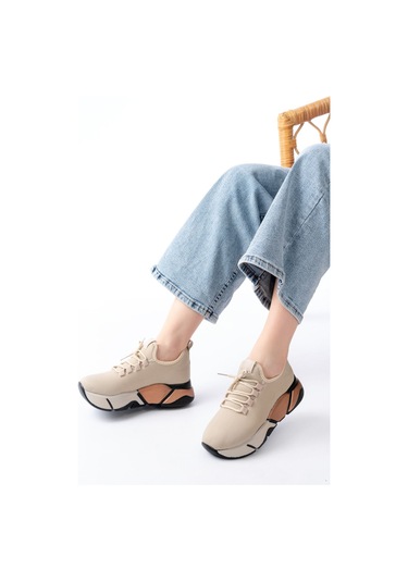 Rs-400 Bej Bağcıklı Fileli Renkli Taban Günlük Kadın Spor Beyaz