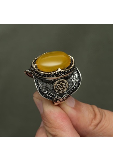 Sarı Akik Taşlı Süleyman Mührü 925 Gümüş Erkek Yüzük Beyaz