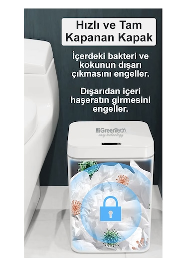 Greentech Sensörlü 16 Litre Çöp Kovası (Şarj Edilebilir Lityum Pilli) / GT-SC03 Beyaz