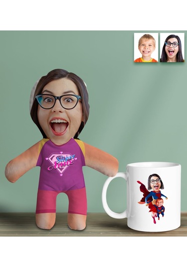 Bk Gift Kişiye Özel Fotoğraflı Pembe Süper Anne Bebek Yastık Ve Kupa Bardak Hediye Seti-4, Anneye Hediye, Anneler Günü Hediyeleri Kobitmeyencom30629 B