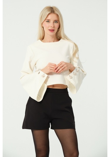 Düğme Detay Crop Bluz Beyaz BEYAZ Beyaz