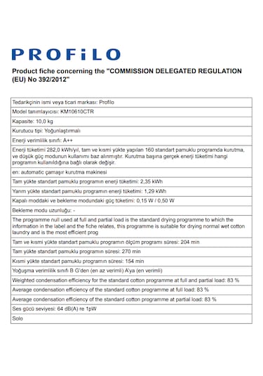 Profilo KM10610CTR 10 KG Isı Pompalı Kurutma Makinesi