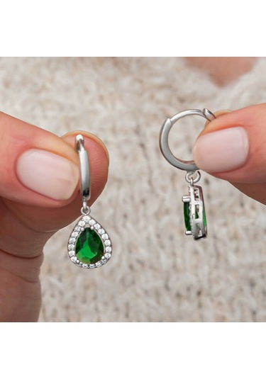 Gümüş Yeşil Zirkon Taşlı Damla Kadın Küpe Gümüş