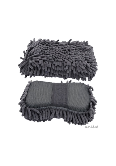 Premium Mikrofiber Araba Yıkama Süngeri Bir Yüzü Makarna, Diğer Yüzü Mop Bezi Gri 1 Adet