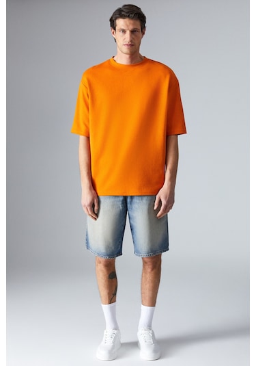 JOEL Erkek %100 Organik Pamuklu Kalın Kumaşlı Özel Dokulu Etiket Detaylı Oversize Turuncu T-Shirt