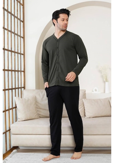 Erkek V Yaka Önden Düğmeli Pamuk Likra Mevsimlik Uzun Kol Cepli Pijama Takımı Haki