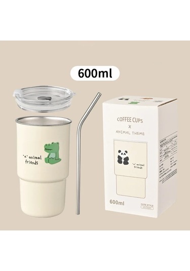 600 Ml 304 Paslanmaz Çelik Saman Bardak Araba Eşlik Eden Su Kapaklı Bardak Beigecrocodile Bej