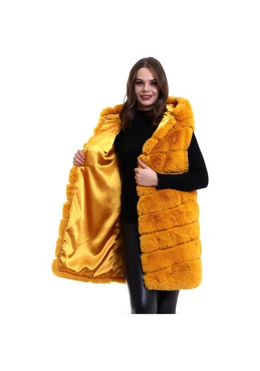 Kapşonlu Peluş Kürk Yelek Premium Kalite, Tam Astarlı, Uzun Model - Sarı Sarı