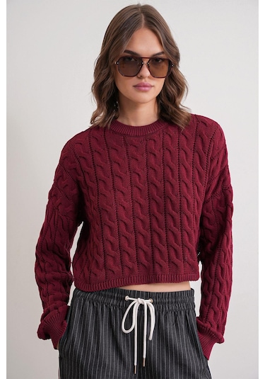 6863 Kadın Saç Örgülü Crop Triko Kazak Bordo Bordo