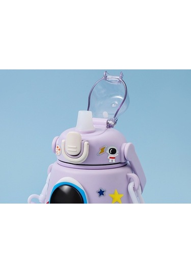 Lyon 850ml Astronot Karikatür Paslanmaz Çelik Taşınabilir Kayışlı Su Şişesi Çocuk Saman Izoleli Su Beyaz