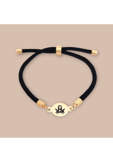 14 Ayar Altın Plakalı Oval Motifli İpek Örgülü Hz Ali Sembollü Hediye Bileklik-320sembol-siyah Altın