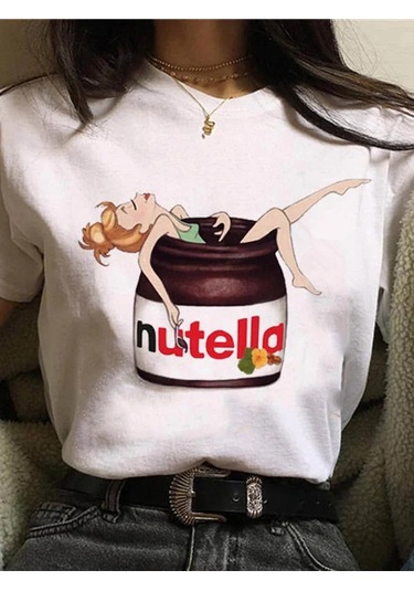 Snapbuy Kadın Nutella Baskılı 90s Harajuku Kore Tarzı Tshirtmavi Mavi