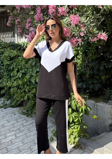 Munn Collection Kadın Kısa Kollu V Yaka Siyah Beyaz Renkli Viskon Iki Iplik Kumaş Eşofman Takımı Siyah