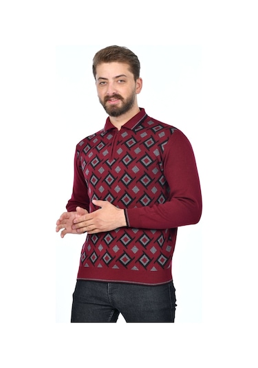 Kamalı Erkek Çelik Örgü Gömlek Yaka Fermuarlı Polo Yakalı Kazayağı Tüylenmeyen Triko Kışlık Baba Kazak Bordo