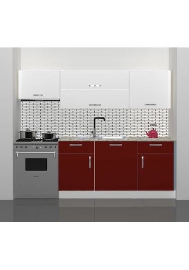 Decoraktiv Prestij 220 Mdf Hazır Mutfak Dolabı - Tezgah Dahil - Bordo Beyaz Beyaz - Kırmızı