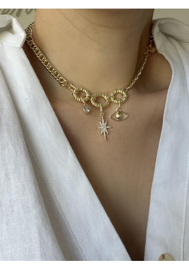 Çelik Göz Charm Choker Kolye Gold
