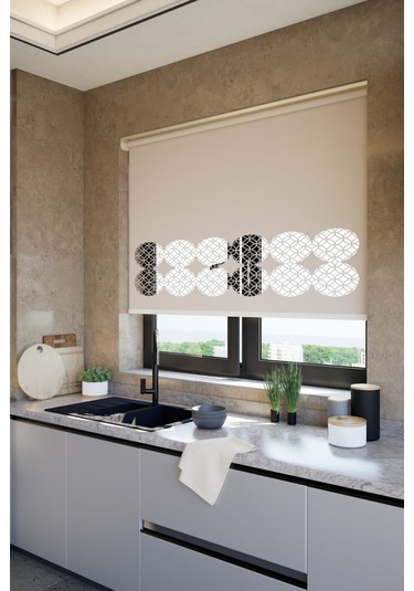 Lazer Kesim Mat Stor Perde, Lazer Kesimli Klasik Serisi, C-141003 Açık Kahverengi Çağla Yeşili